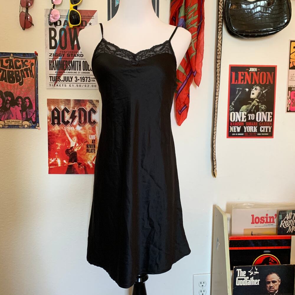 Black Satin & Lace Mini Slip Dress Nightgown Womens Size XS
